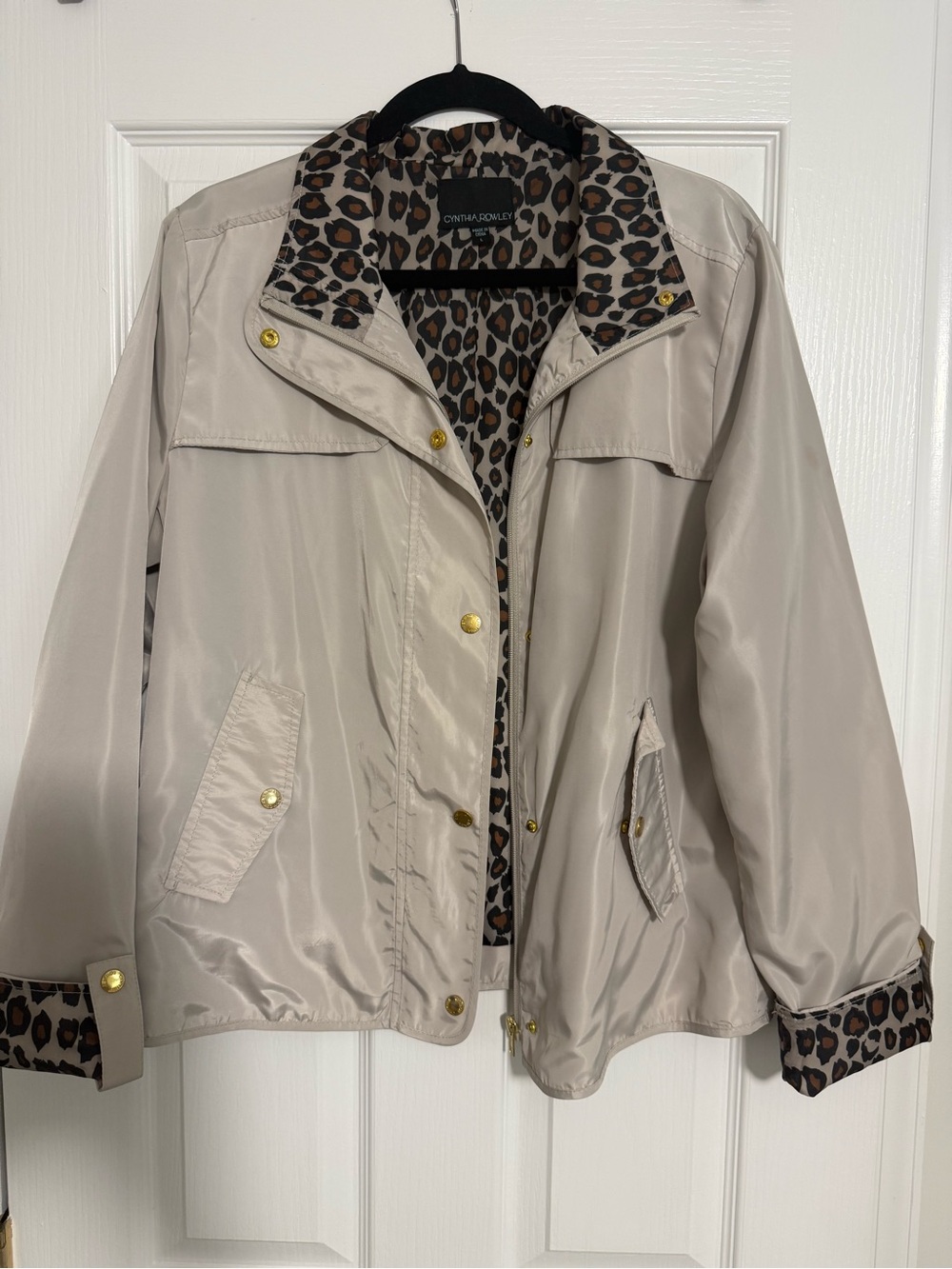 Light Beige Women's Jacket with Leopard Trim - Classic Outerwear